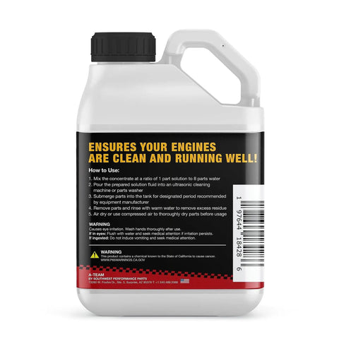 Top Shelf Ultrasonic Cleaner Solution One Gallon Concentrate Blends Fast For Brutal Carburetor And Engine Degreasing, usage instructions on back.