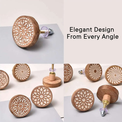 Boho Bulk Wooden Drawer Knobs Set With 300 Pieces, brown floral round cabinet knobs, easy install hardware displayed elegantly