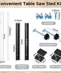 26 Pc Table Saw Crosscut Sled Kit Includes Tough Aluminum T Tracks And Uhmw Miter Bars For Dead On Accuracy And No Sweat Assembly A Hella Badass Shop Essential That Powers Through Repetitive Cuts With Smooth Adjustments. Image shows kit components including miter bars, aluminum T-tracks, and hardware.