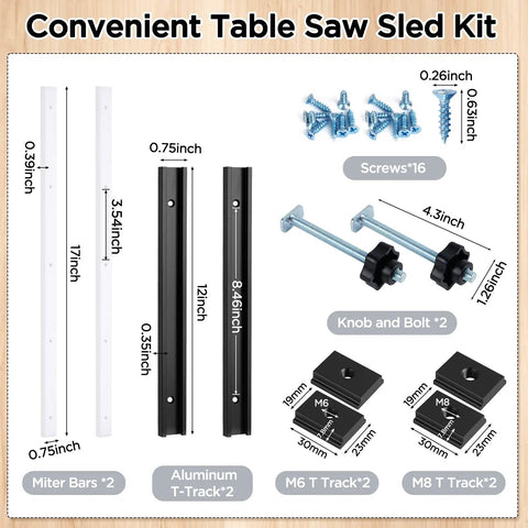 26 Pc Table Saw Crosscut Sled Kit Includes Tough Aluminum T Tracks And Uhmw Miter Bars For Dead On Accuracy And No Sweat Assembly A Hella Badass Shop Essential That Powers Through Repetitive Cuts With Smooth Adjustments. Image shows kit components including miter bars, aluminum T-tracks, and hardware.