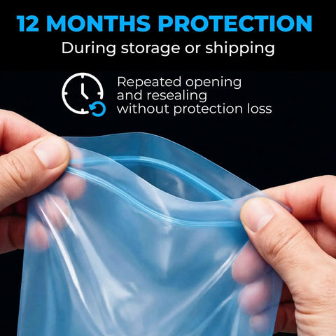 Heavy Duty Reclosable Poly Bags 8x10 Inches Pack of 15, 4 Mil Thick, Rustproof Shield With Vapor Corrosion Inhibitor, Fits Metal, Electronics, Machinery, Automotive Parts, Waterproof Packaging for Long-Lasting Protection, blue zip bag