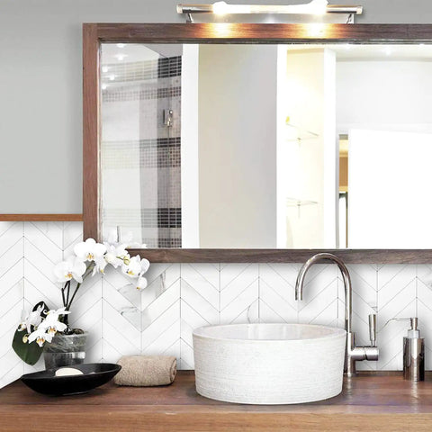 Bathroom with 10 Sheet Herringbone Peel And Stick Backsplash In White Marble Look PVC Self Adhesive Wall Tiles, modern decor.