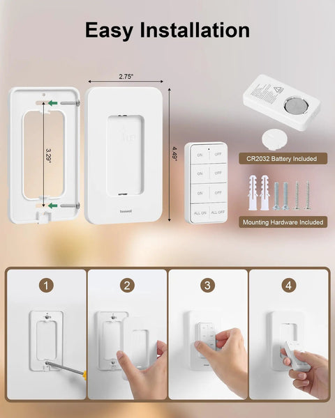 Three Independent Remote Control Outlets Wall Mounted Light Switch Kit With 200Ft RF Range installation guide and components.