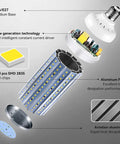 Exploded view of Ultra Bright 5000 Lumen 6500K Cool Daylight Corn Light Bulb 50W Equivalent, showing components and E26/E27 base.