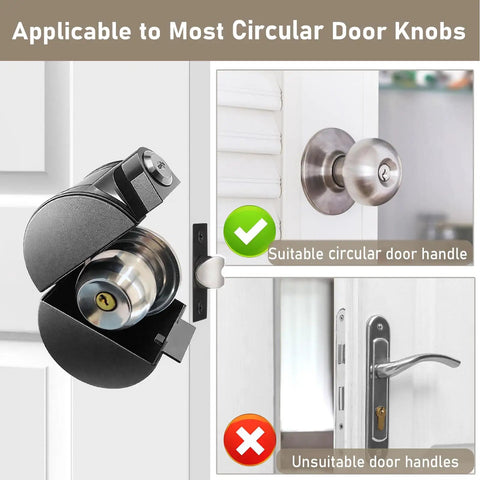 Straight Up Secure Child Proof Door Knob Lock Cover Prevents Turning For Home Rentals Job Sites Black shown on circular knob.