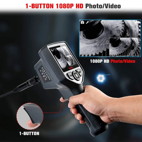 Dual Front And Side Cameras 1080P HD Inspection Camera With Semi Rigid Cable And 10 Level LED Lights, wide-view hand-held endoscope with screen and 1-button control