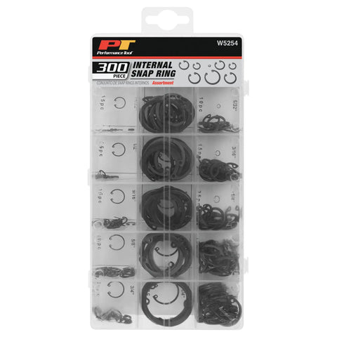 18-Piece Internal Retaining Ring Set With Heavy-Duty Spring Steel And Black Oxide Finish in plastic box, assorted sizes