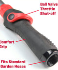 Close-up of black nozzle handle with red ball valve throttle, labeled comfort grip, part of 10 Pattern Rotatable Nozzle With 39 To 56 Inch Telescoping Extension Adjustable 180 Degree Nozzle Sprays Up To 35 Feet At 40 Psi Comfortable Grip Ideal For Garden Beds Lawn And Yard Care