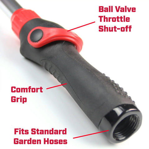 Close-up of black nozzle handle with red ball valve throttle, labeled comfort grip, part of 10 Pattern Rotatable Nozzle With 39 To 56 Inch Telescoping Extension Adjustable 180 Degree Nozzle Sprays Up To 35 Feet At 40 Psi Comfortable Grip Ideal For Garden Beds Lawn And Yard Care