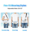 Waterproof Fanny Pack Pouch For Beach And Cruise Trips With Roll Top Closure And Zippers shown worn three ways on model