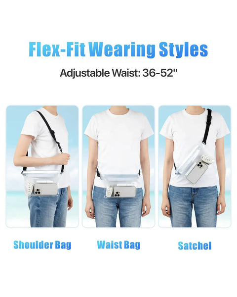Waterproof Fanny Pack Pouch For Beach And Cruise Trips With Roll Top Closure And Zippers shown worn three ways on model