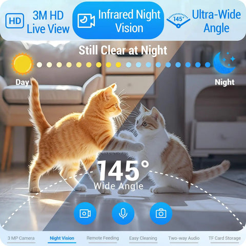 Smart Automatic Cat And Dog Feeder With 2K Camera And Night Vision, 5G Wifi App Control, 7L Large capacity bowl showing cats playing with wide angle view.