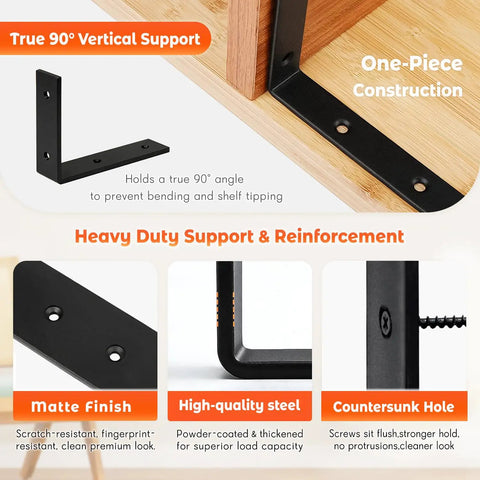 Heavy Duty 10 Inch Black Shelf Brackets L Shaped Corner Mount For Wall Shelves, Steel Iron Brackets, Detail View