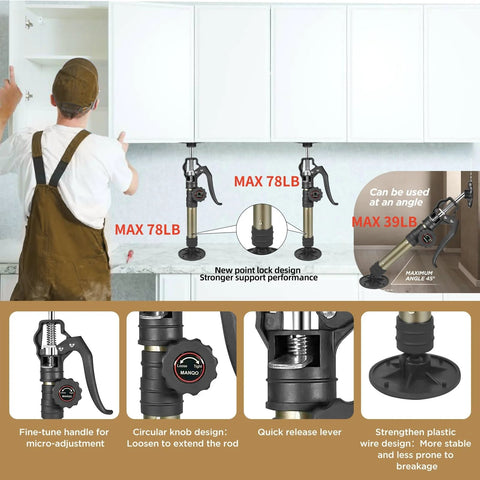 MANQO cabinet jack set (front view) for cabinet installation; adjustable 12.6-23.6 in, 78 lb per jack, 2 pcs