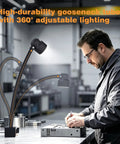 Heavy Duty Magnetic Work Light Delivering Badass 1200 Lumens Through A Flexible Gooseneck Shaft With A Rock Solid Magnetic Base Easy Peasy Setup For Shop Projects Cnc Mill Drill Press Sewing Machines in a workshop with adjustable lighting.