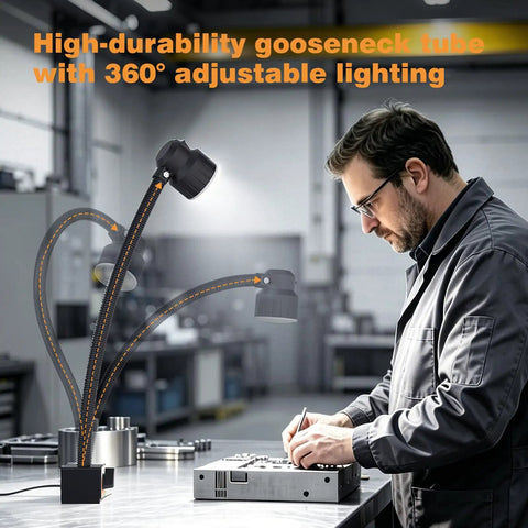 Heavy Duty Magnetic Work Light Delivering Badass 1200 Lumens Through A Flexible Gooseneck Shaft With A Rock Solid Magnetic Base Easy Peasy Setup For Shop Projects Cnc Mill Drill Press Sewing Machines in a workshop with adjustable lighting.
