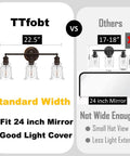 Diagram showing Three Light Vanity Light Dope Oil Rubbed Bronze With Clear Cylinder Glass over 24-inch mirror, highlighting width.