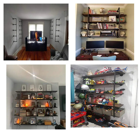Industrial Iron Pipe Shelf Kit With 5-Tier Wall Mount Brackets, 56 Inch Tall, displayed with various items and uses in rooms