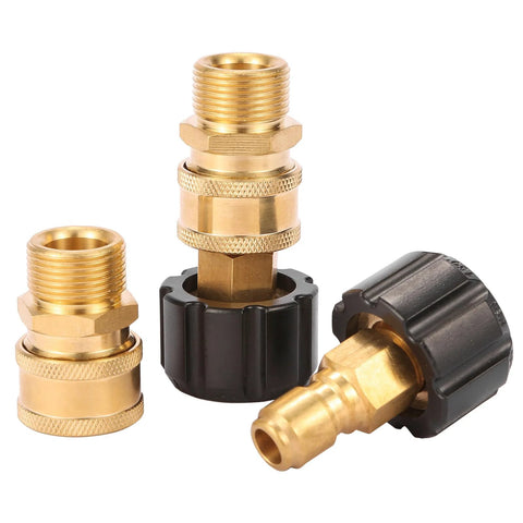 Front view of brass pressure washer quick-connect fittings; two-piece M22 to 3/8 in adapters with black plastic nut.