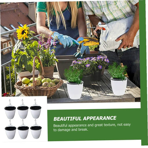 Six Piece Wall Mounted Round Plastic Pothos Planters With Self Watering System used on a balcony flower display