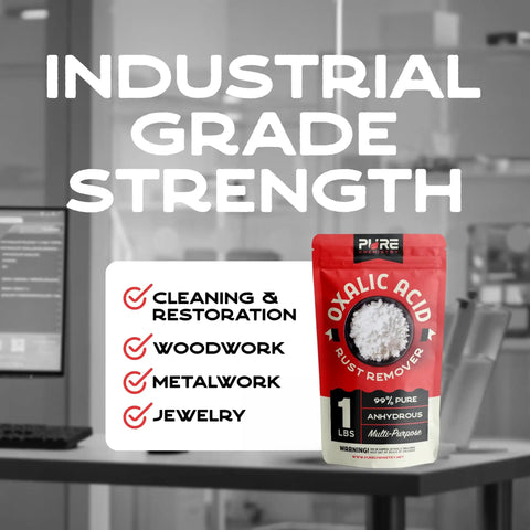 Oxalic Acid Wood Cleaner 1 Lb Fine Powder 99.9 Percent Purity Multipurpose Cleaner For Wood Stain Removal And Rust Removal Industrial Grade Strength Plus product packaging on desk.