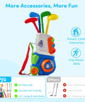 Chill And Swing With This 23 Piece Kids Golf Club Set Featuring Durable Abs Plastic Clubs And Safe Small Balls Smooth Rounded Edges For Easy Indoor Outdoor Play Knockout Birthday Gift For Boys And Girls - colorful golf clubs in a rolling cart.