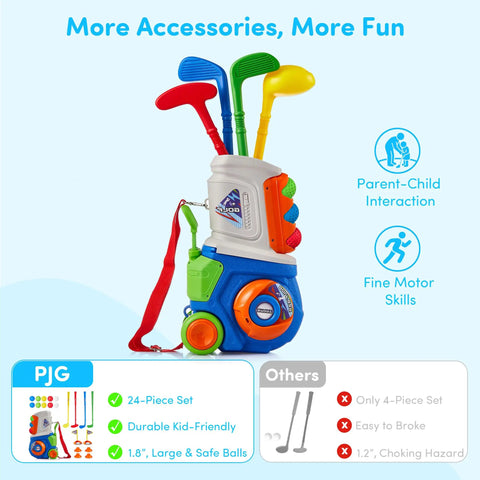 Chill And Swing With This 23 Piece Kids Golf Club Set Featuring Durable Abs Plastic Clubs And Safe Small Balls Smooth Rounded Edges For Easy Indoor Outdoor Play Knockout Birthday Gift For Boys And Girls - colorful golf clubs in a rolling cart.