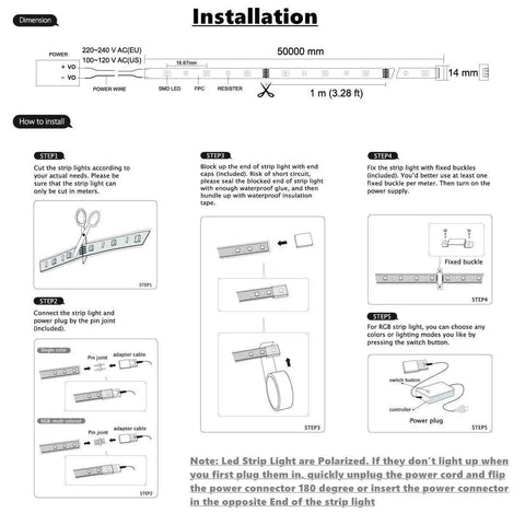 Installation guide for 5050 LED Strip Lights AC 110-120V White 6000K, illustrating cutting and connecting steps.