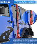 Heavy Duty Hi Lift Jack Mount for Jeep Wrangler Hood and Door Hinges Keeps Your Jack Off The Seats and Out Of The Cabin Fits 2007 to 2022 Wrangler JK JKU JL JLU Easy Front Or Rear Mount Steel Construction With Anti Corrosion Finish installed on blue Jeep