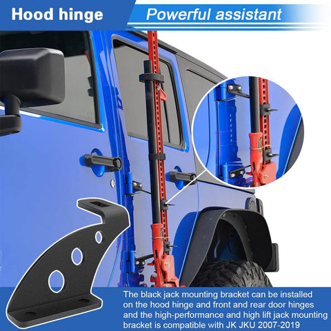 Heavy Duty Hi Lift Jack Mount for Jeep Wrangler Hood and Door Hinges Keeps Your Jack Off The Seats and Out Of The Cabin Fits 2007 to 2022 Wrangler JK JKU JL JLU Easy Front Or Rear Mount Steel Construction With Anti Corrosion Finish installed on blue Jeep