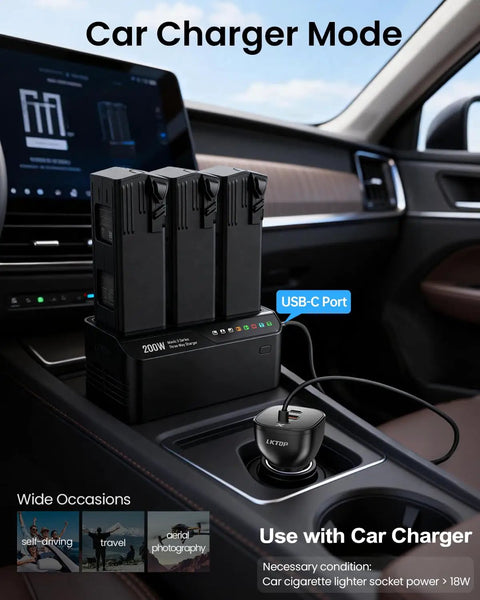 200W Mavic 3 Battery Charging Hub Juices 3 Batteries At Once Parallel Charge For Pro Classic Cine Enterprise Drones 95 Fast Mode Delivers Full Charge In About 60 Minutes in car charger mode with USB-C port support.