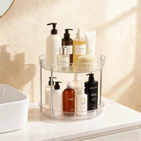 Two Pack Two Tier Clear Acrylic Lazy Susan Turntable Organizer showcasing bathroom products on a smooth rotating tray.