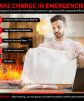 Person holding Two Pack 40x40 Inch Fiberglass Emergency Fire Blankets with Protective Gloves near fire scene in kitchen.