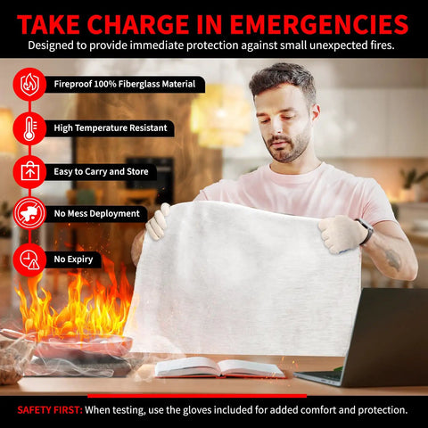 Person holding Two Pack 40x40 Inch Fiberglass Emergency Fire Blankets with Protective Gloves near fire scene in kitchen.