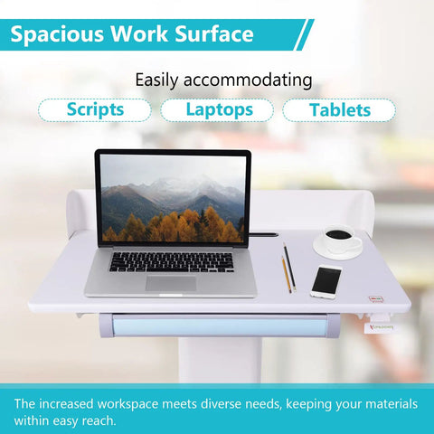 Effortless Height Adjustment Mobile Standing Desk With Quiet Rolling Wheels 28x23 Desktop featuring spacious work surface, laptop, and coffee.