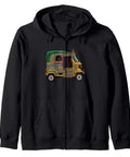 Fire Urdu Truck Art Graphic Zip Up Hoodie Built For Serious Streetwear Vibes With Ultra Comfy Cotton Fabric, black zip hoodie with colorful truck art.