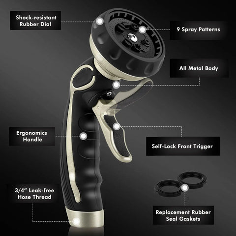 Heavy Duty Metal Hose Nozzle With Easy Self Lock Trigger And 9 Spray Patterns for lawn care and cleaning, ergonomic handle shown
