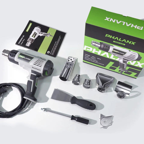 Hot Air Gun With Adjustable Temperature from 122F to 1202F for vinyl wrap, includes 10 attachments, 6.6Ft cord, 5 nozzles, kit displayed.