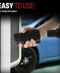 Hand connecting NACS To J1772 EV Charger Adapter For Level 1 And Level 2 Charging, 80 Amps At 250 Volts to car