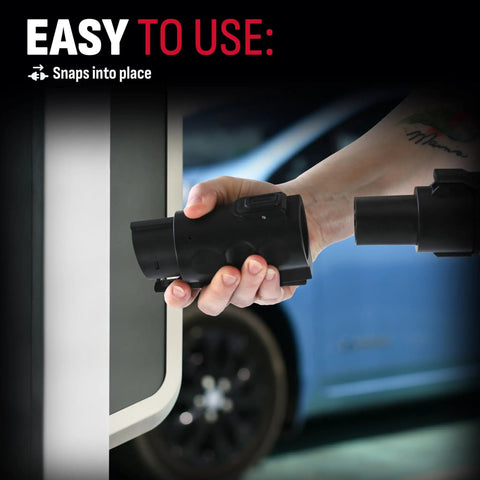 Hand connecting NACS To J1772 EV Charger Adapter For Level 1 And Level 2 Charging, 80 Amps At 250 Volts to car