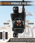 Close-up of dual-piston hydraulic disc brake kit, labeled left and right pistons, showing even clamping force.