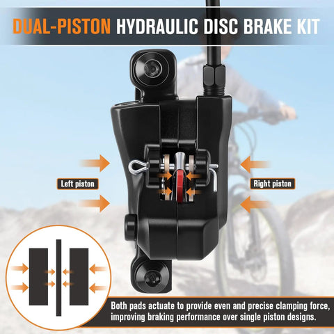 Close-up of dual-piston hydraulic disc brake kit, labeled left and right pistons, showing even clamping force.