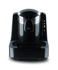 Automatic Turkish Coffee Maker With Self Clean One Touch Brew And Easy Pour Altitude Auto Detect Technology For Consistent Flavor At Any Elevation USA 120V UL Listed Black And Silver, front view, black and silver design with control panel visible.