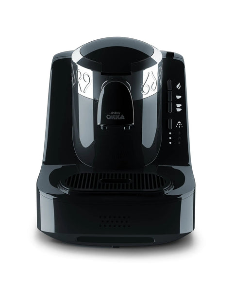 Automatic Turkish Coffee Maker With Self Clean One Touch Brew And Easy Pour Altitude Auto Detect Technology For Consistent Flavor At Any Elevation USA 120V UL Listed Black And Silver, front view, black and silver design with control panel visible.