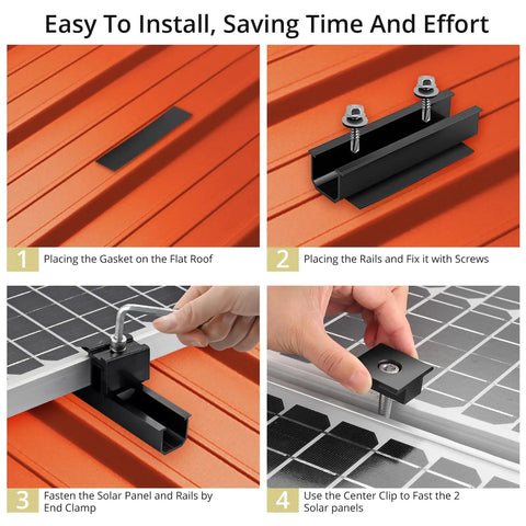 No Sweat Solar Panel Roof Mounting Kit With Six Heavy Duty Four Point Seven Two Inch Rails and Flexible Adjustable End Clamps for Fast Rooftop Install on Thick Panels. Installation steps on flat roof.