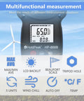 Handheld Anemometer With Digital Wind Speed Gauge And Temperature Readout, Real Time Wind Velocity Meter For CFM Calculations, Pro Grade, Great For HVAC, Outdoor Sailing, Shooting, And Golf, LCD display with wind scale and tripod hole