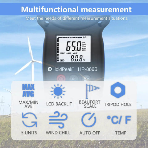 Handheld Anemometer With Digital Wind Speed Gauge And Temperature Readout, Real Time Wind Velocity Meter For CFM Calculations, Pro Grade, Great For HVAC, Outdoor Sailing, Shooting, And Golf, LCD display with wind scale and tripod hole
