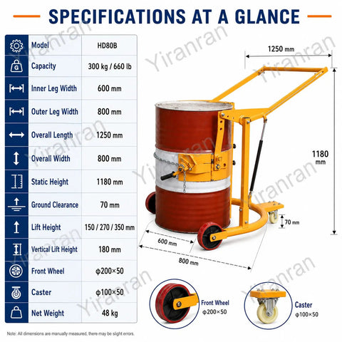 Heavy Duty Drum Lifter Cart Cranks Up To 660 Lbs And Tilts For Easy Pouring Of Steel Or Plastic Barrels With Safe One Man Lift Action At The Factory specifications and dimensions.