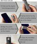 Step by step guide using On The Go Screen Cleaning Kit With Spray And Microfiber Wipes for cleaning device screens.
