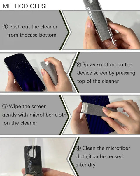 Step by step guide using On The Go Screen Cleaning Kit With Spray And Microfiber Wipes for cleaning device screens.